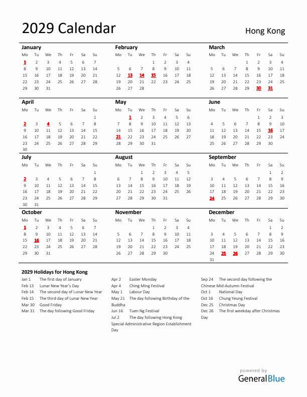 Standard Holiday Calendar for 2029 with Hong Kong Holidays 