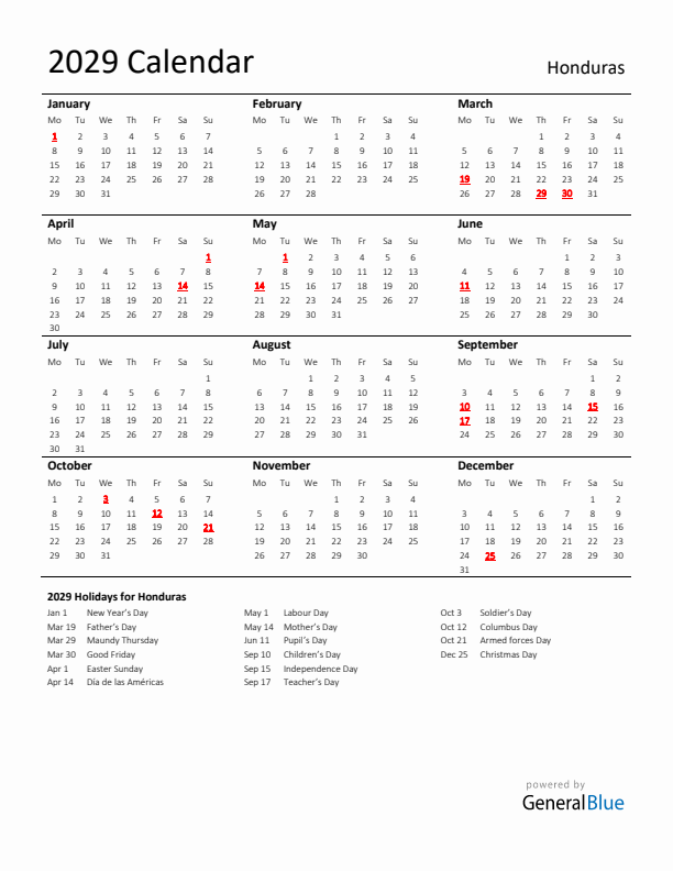 Standard Holiday Calendar for 2029 with Honduras Holidays