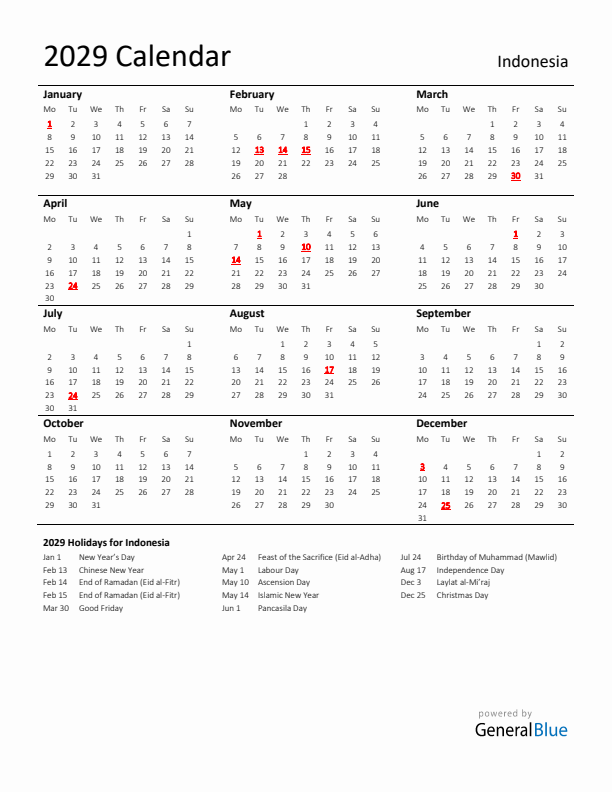 Standard Holiday Calendar for 2029 with Indonesia Holidays 