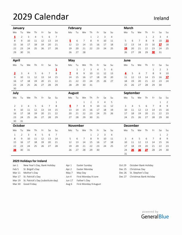 Standard Holiday Calendar for 2029 with Ireland Holidays
