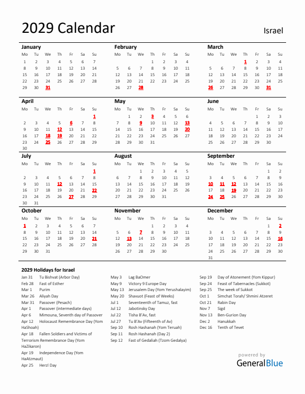 Standard Holiday Calendar for 2029 with Israel Holidays 