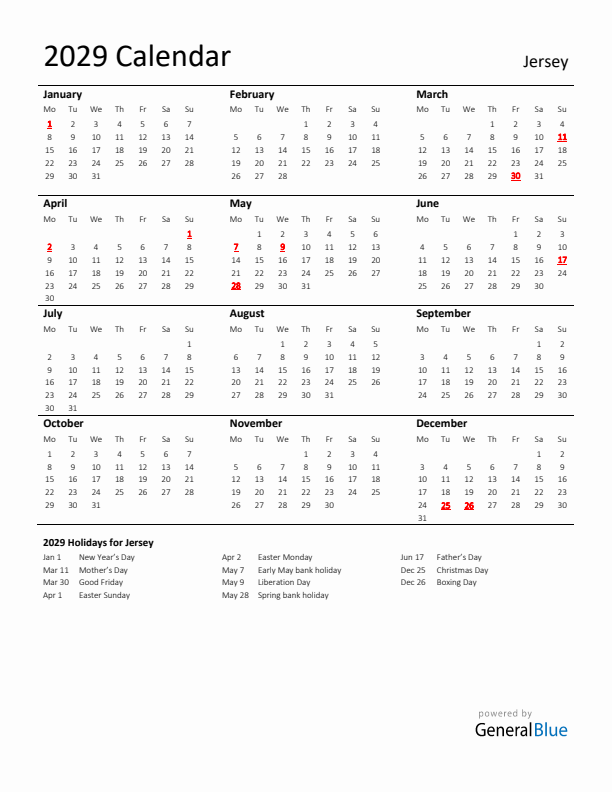 Standard Holiday Calendar for 2029 with Jersey Holidays