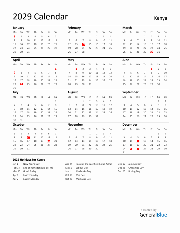 Standard Holiday Calendar for 2029 with Kenya Holidays