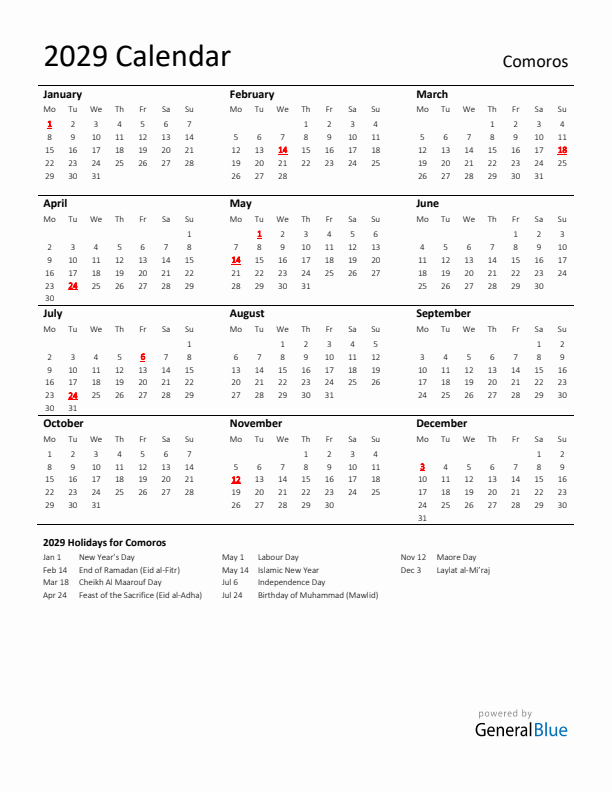 Standard Holiday Calendar for 2029 with Comoros Holidays 