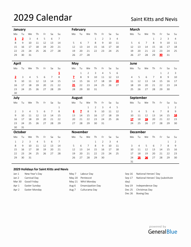 Standard Holiday Calendar for 2029 with Saint Kitts and Nevis Holidays 
