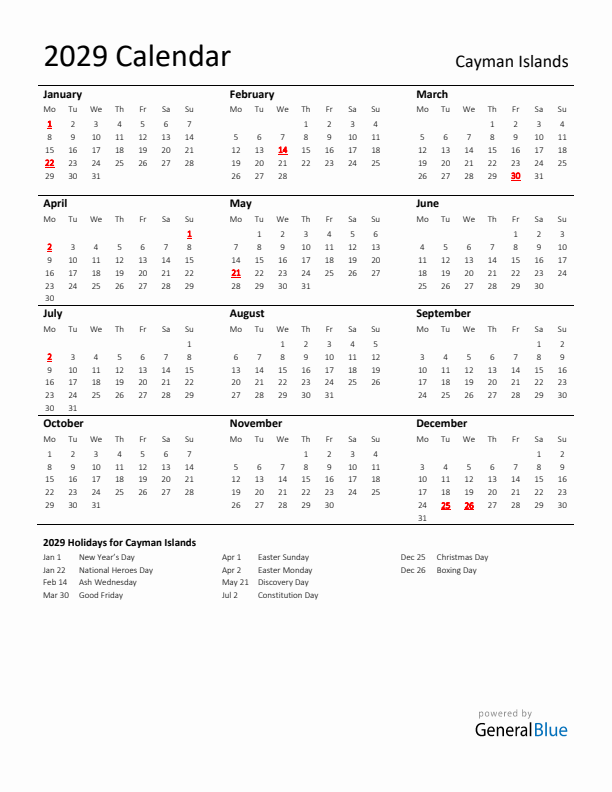 Standard Holiday Calendar for 2029 with Cayman Islands Holidays 