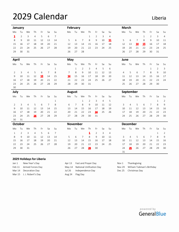 Standard Holiday Calendar for 2029 with Liberia Holidays 