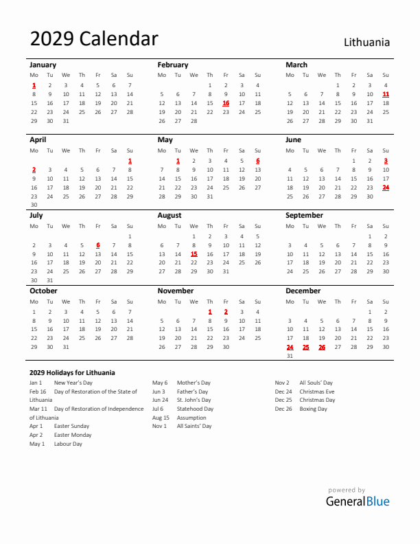 Standard Holiday Calendar for 2029 with Lithuania Holidays 