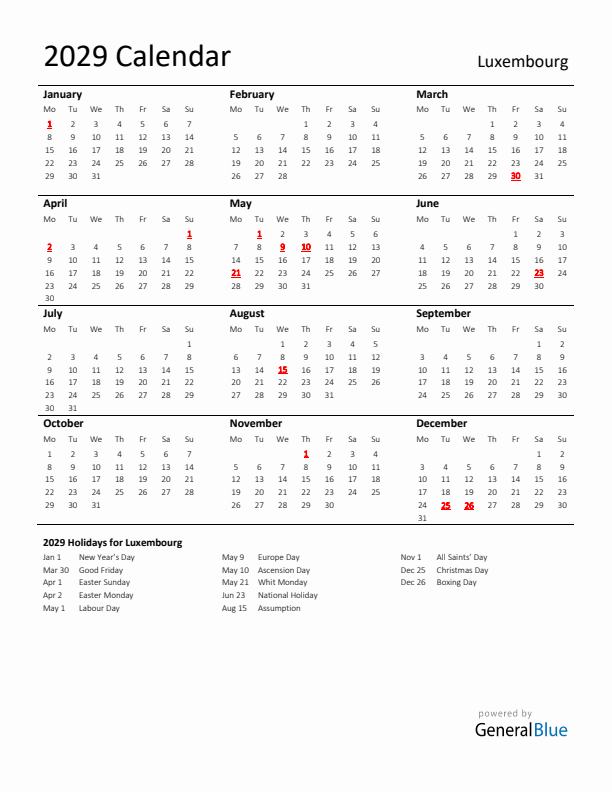 Standard Holiday Calendar for 2029 with Luxembourg Holidays