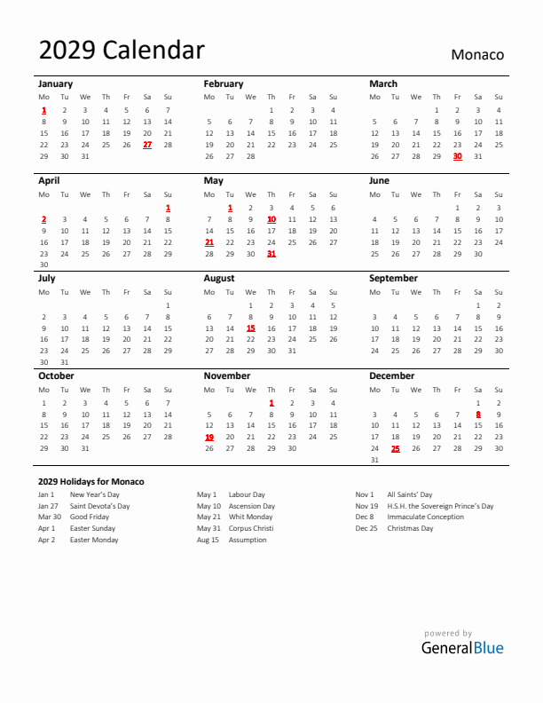 Standard Holiday Calendar for 2029 with Monaco Holidays