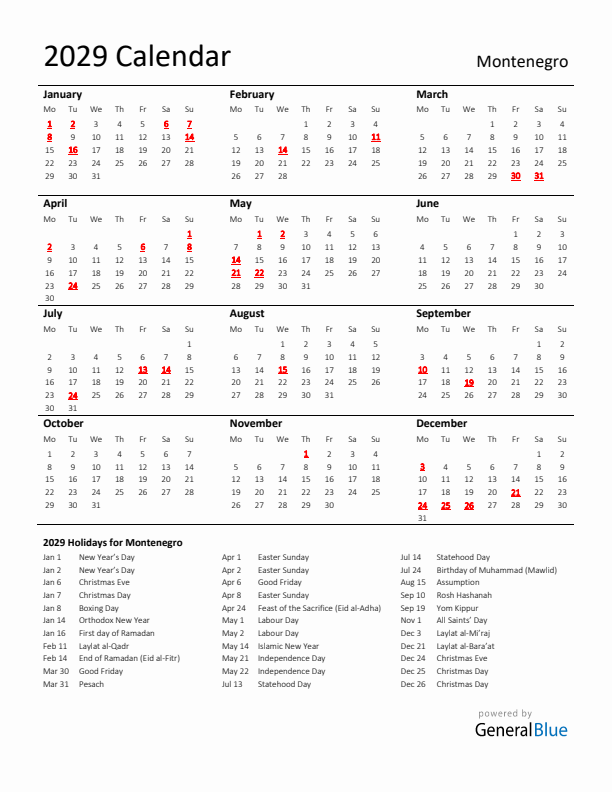 Standard Holiday Calendar for 2029 with Montenegro Holidays 