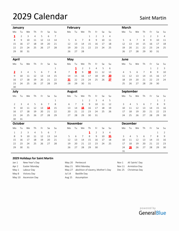 Standard Holiday Calendar for 2029 with Saint Martin Holidays 