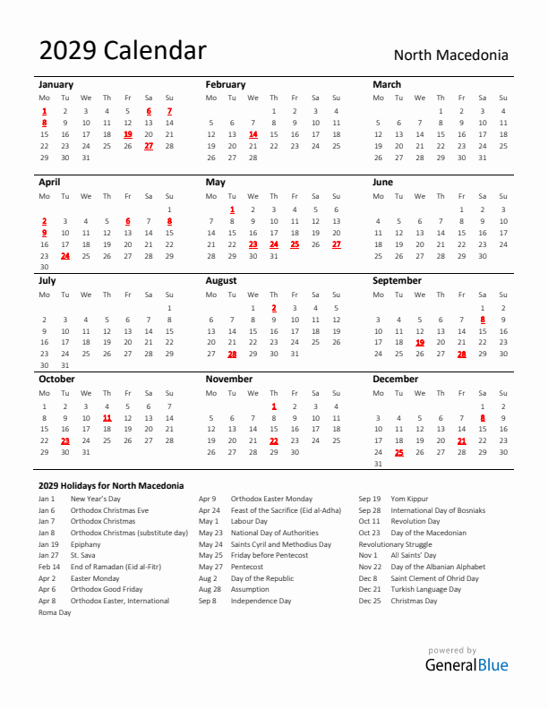 Standard Holiday Calendar for 2029 with North Macedonia Holidays 