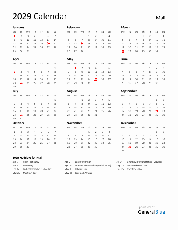 Standard Holiday Calendar for 2029 with Mali Holidays 
