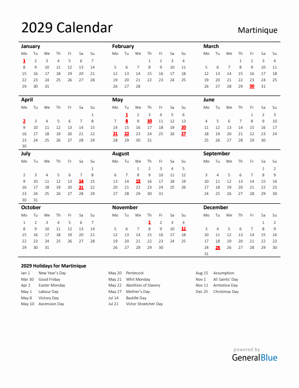 Standard Holiday Calendar for 2029 with Martinique Holidays