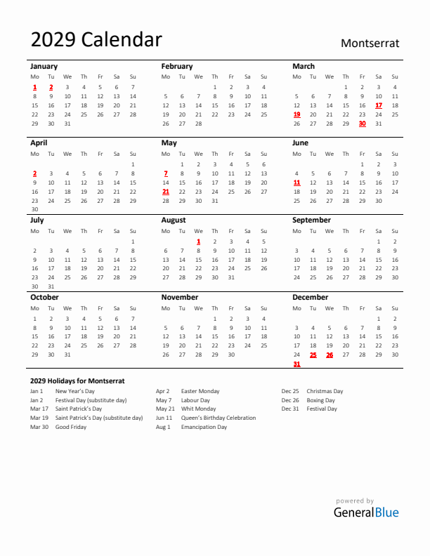 Standard Holiday Calendar for 2029 with Montserrat Holidays 