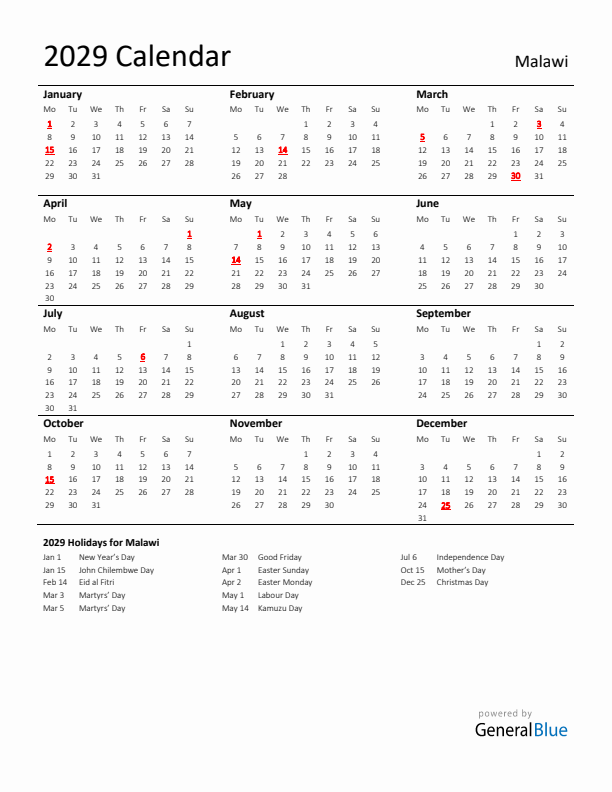 Standard Holiday Calendar for 2029 with Malawi Holidays