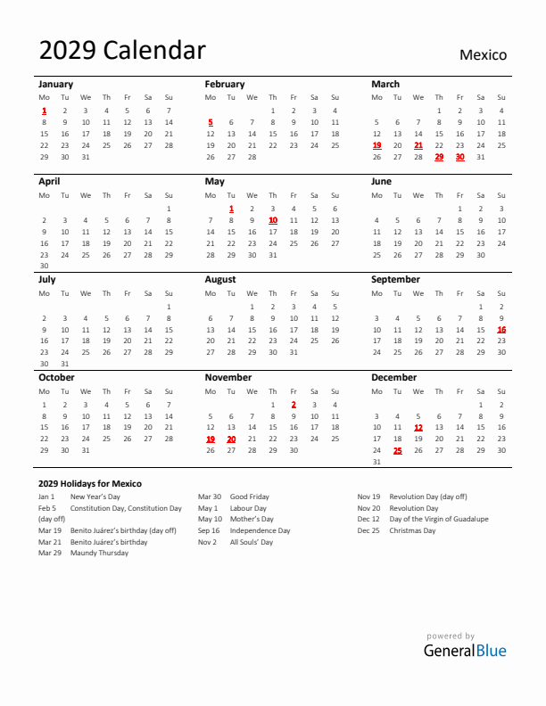 Standard Holiday Calendar for 2029 with Mexico Holidays