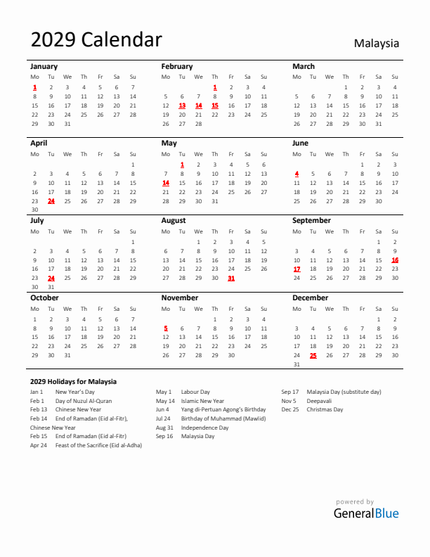 Standard Holiday Calendar for 2029 with Malaysia Holidays 
