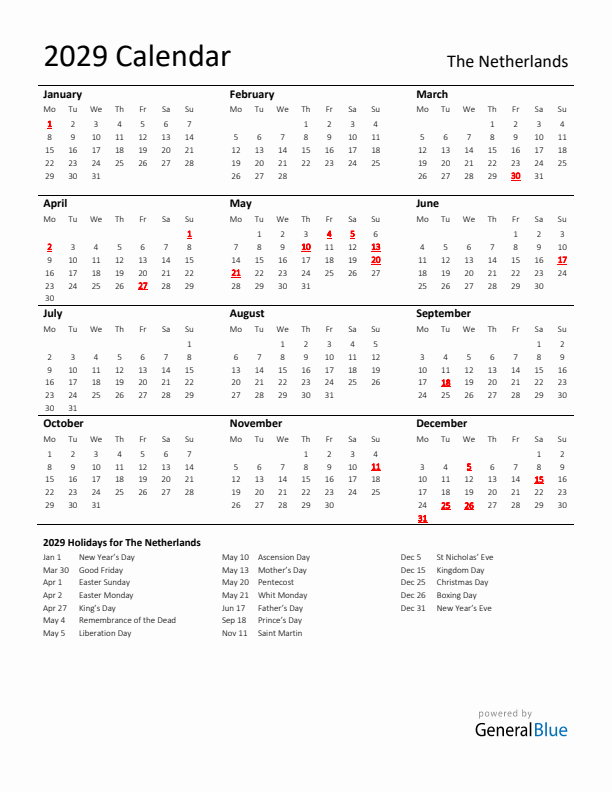 Standard Holiday Calendar for 2029 with The Netherlands Holidays