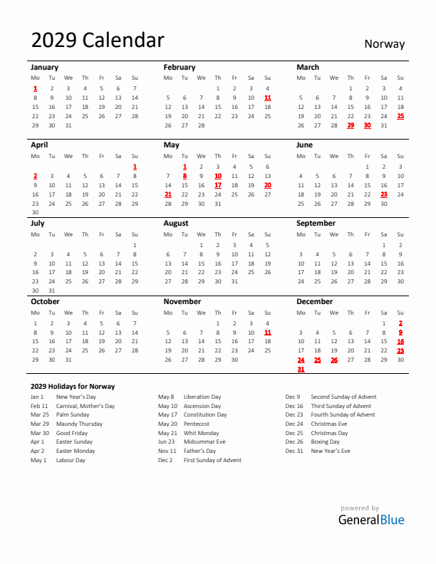 Standard Holiday Calendar for 2029 with Norway Holidays