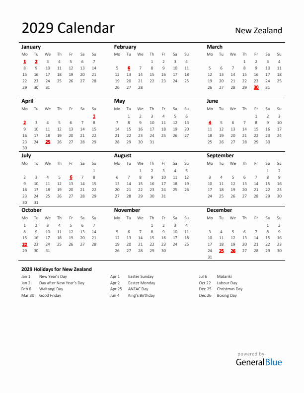 Standard Holiday Calendar for 2029 with New Zealand Holidays