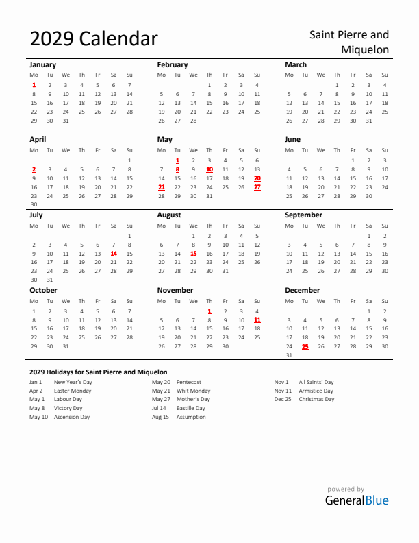 Standard Holiday Calendar for 2029 with Saint Pierre and Miquelon Holidays