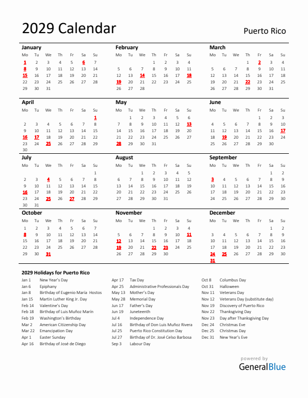 Standard Holiday Calendar for 2029 with Puerto Rico Holidays 