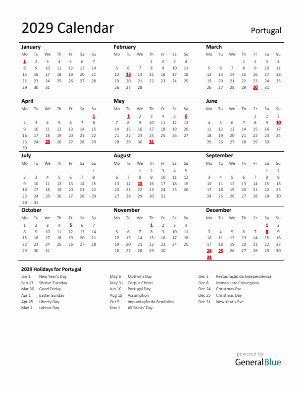 Standard Holiday Calendar for 2029 with Portugal Holidays