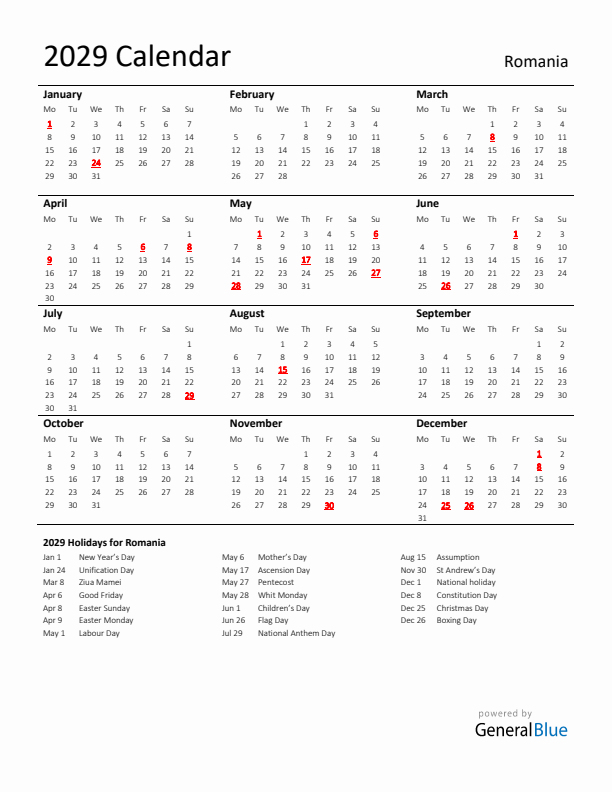 Standard Holiday Calendar for 2029 with Romania Holidays