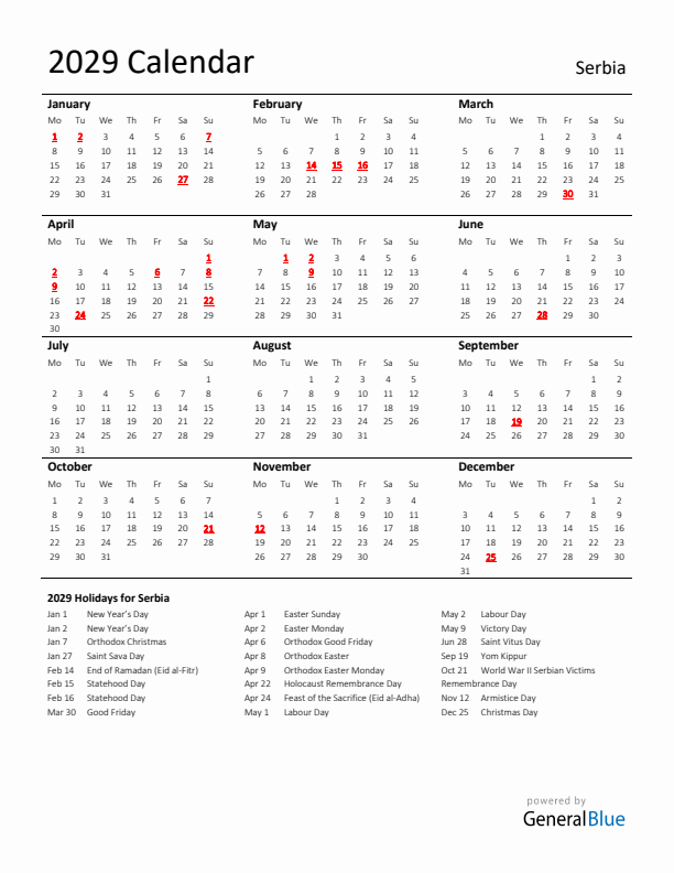 Standard Holiday Calendar for 2029 with Serbia Holidays
