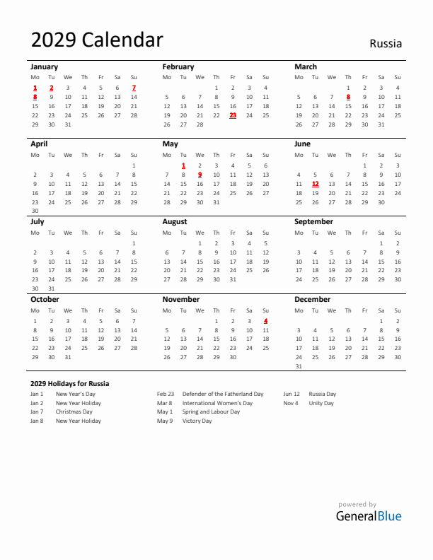 Standard Holiday Calendar for 2029 with Russia Holidays