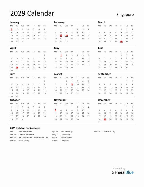 Standard Holiday Calendar for 2029 with Singapore Holidays