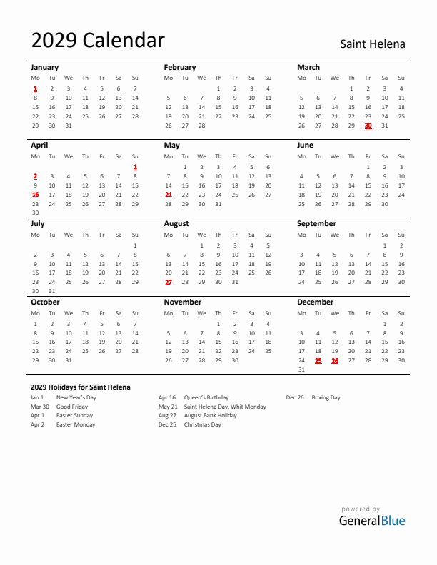 Standard Holiday Calendar for 2029 with Saint Helena Holidays