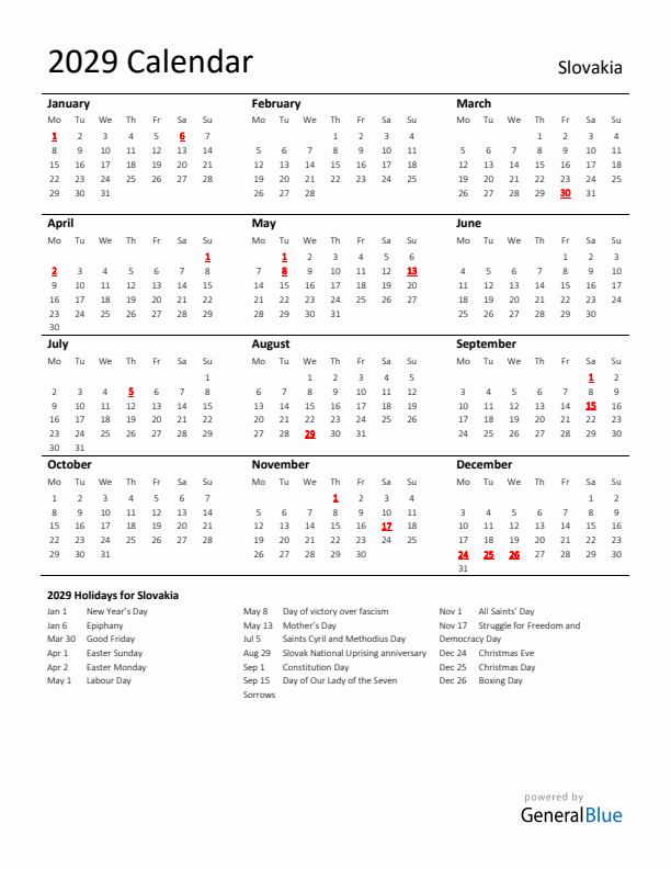 Standard Holiday Calendar for 2029 with Slovakia Holidays