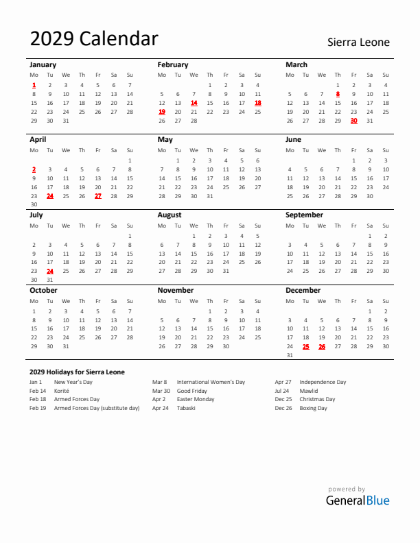 Standard Holiday Calendar for 2029 with Sierra Leone Holidays 