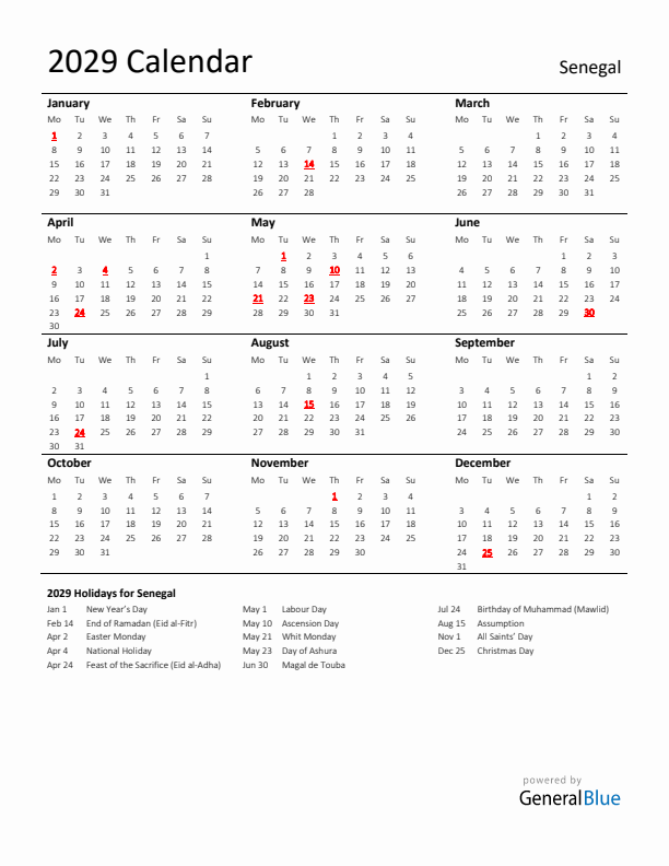 Standard Holiday Calendar for 2029 with Senegal Holidays 
