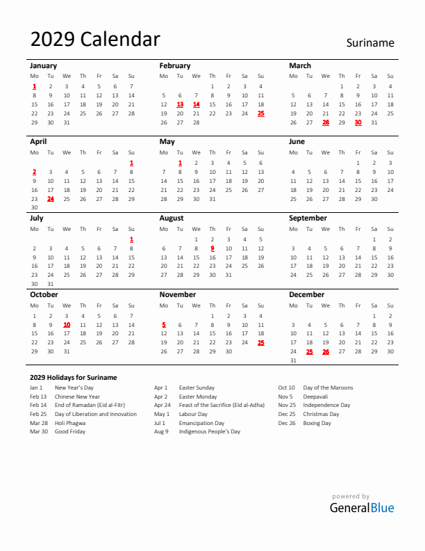 Standard Holiday Calendar for 2029 with Suriname Holidays 