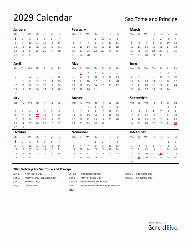 Standard Holiday Calendar for 2029 with Sao Tome and Principe Holidays