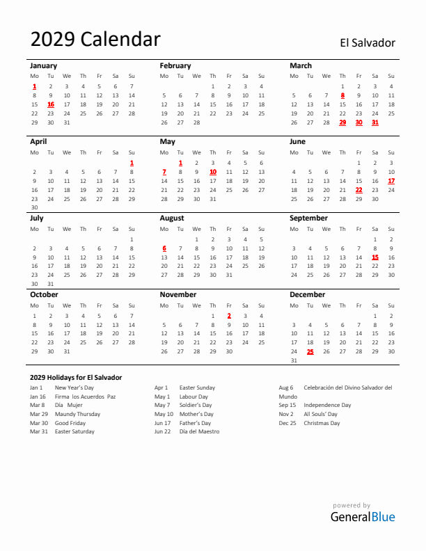 Standard Holiday Calendar for 2029 with El Salvador Holidays