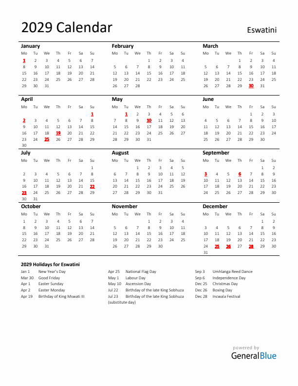 Standard Holiday Calendar for 2029 with Eswatini Holidays 