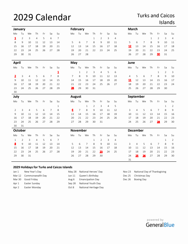 Standard Holiday Calendar for 2029 with Turks and Caicos Islands Holidays 