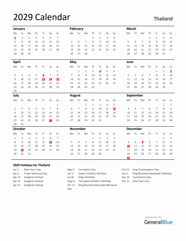 Standard Holiday Calendar for 2029 with Thailand Holidays 