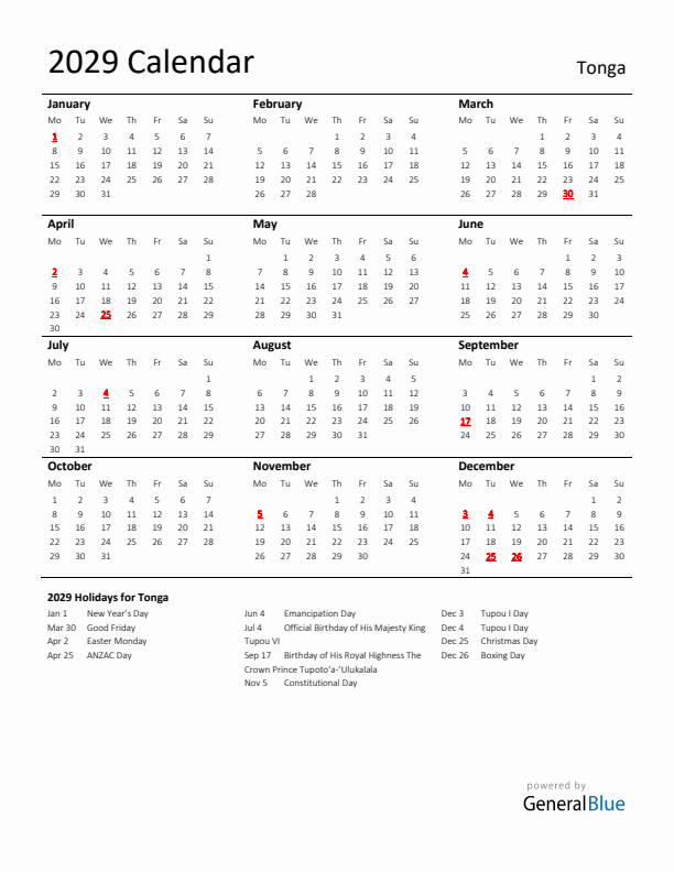 Standard Holiday Calendar for 2029 with Tonga Holidays 