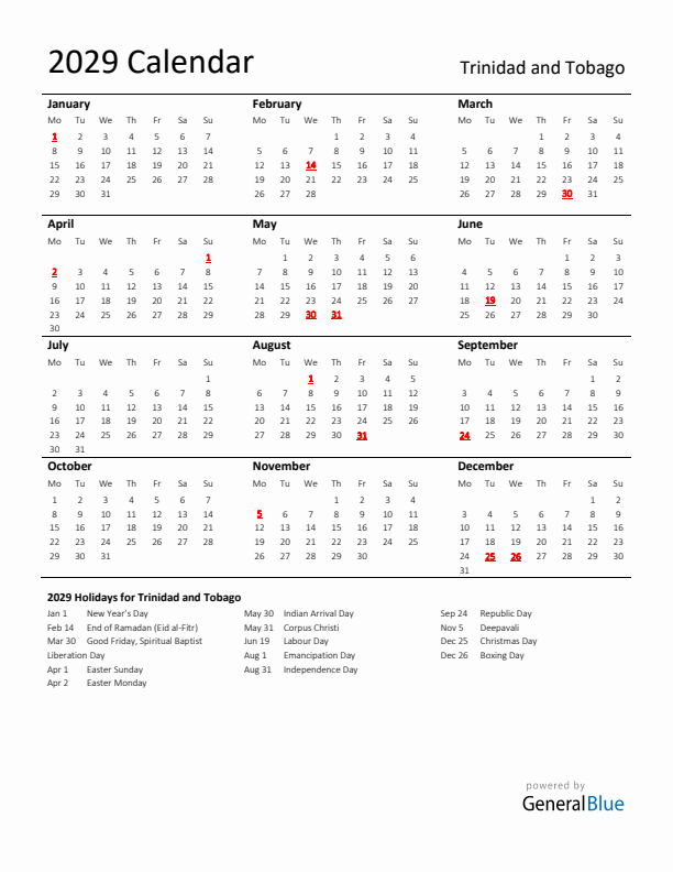 Standard Holiday Calendar for 2029 with Trinidad and Tobago Holidays 