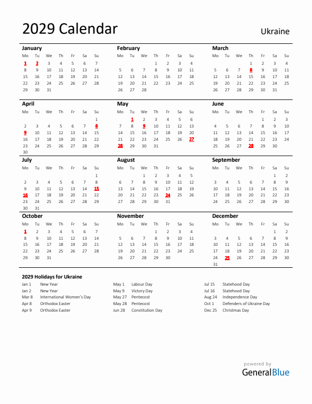 Standard Holiday Calendar for 2029 with Ukraine Holidays