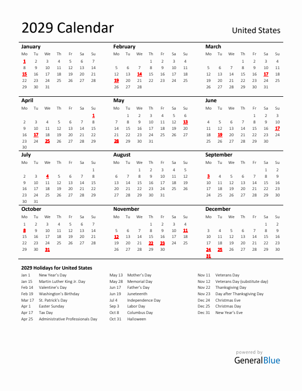 Standard Holiday Calendar for 2029 with United States Holidays