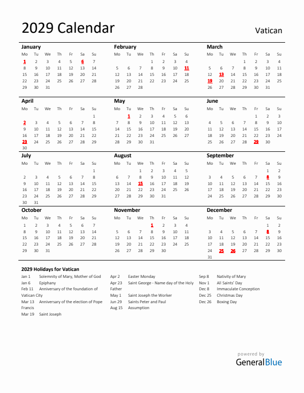 Standard Holiday Calendar for 2029 with Vatican Holidays