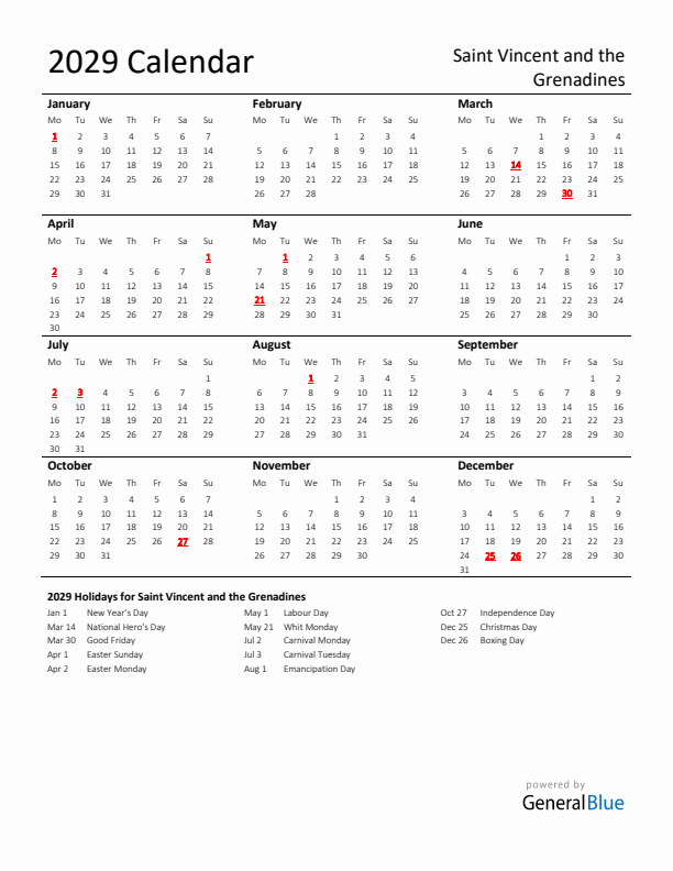 Standard Holiday Calendar for 2029 with Saint Vincent and the Grenadines Holidays 