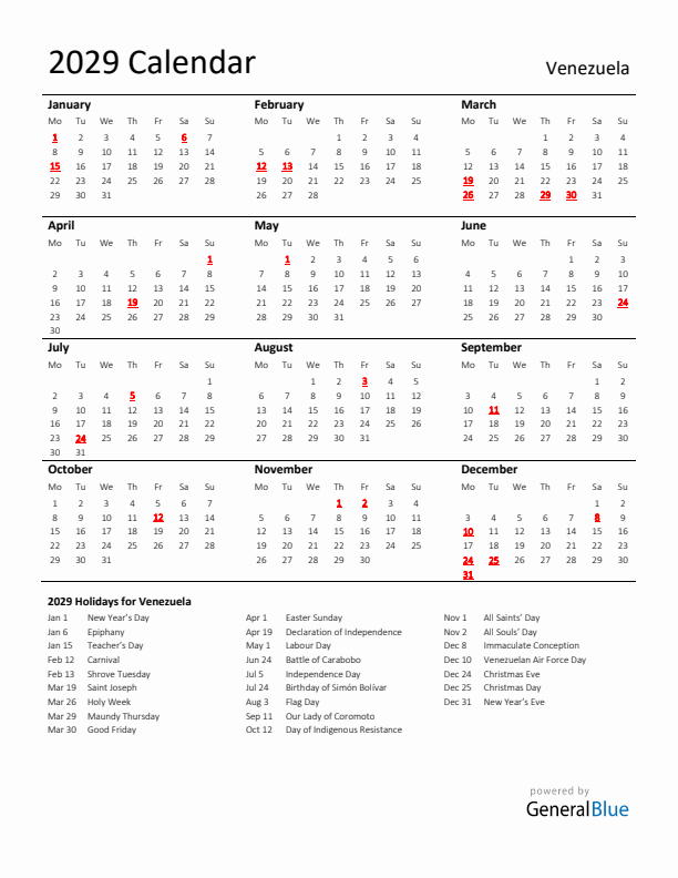 Standard Holiday Calendar for 2029 with Venezuela Holidays